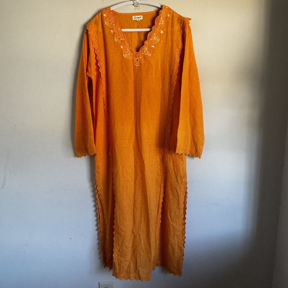 Womens Kurti Dress M Orange Silver Neck Detail India Boho‎ Traditional